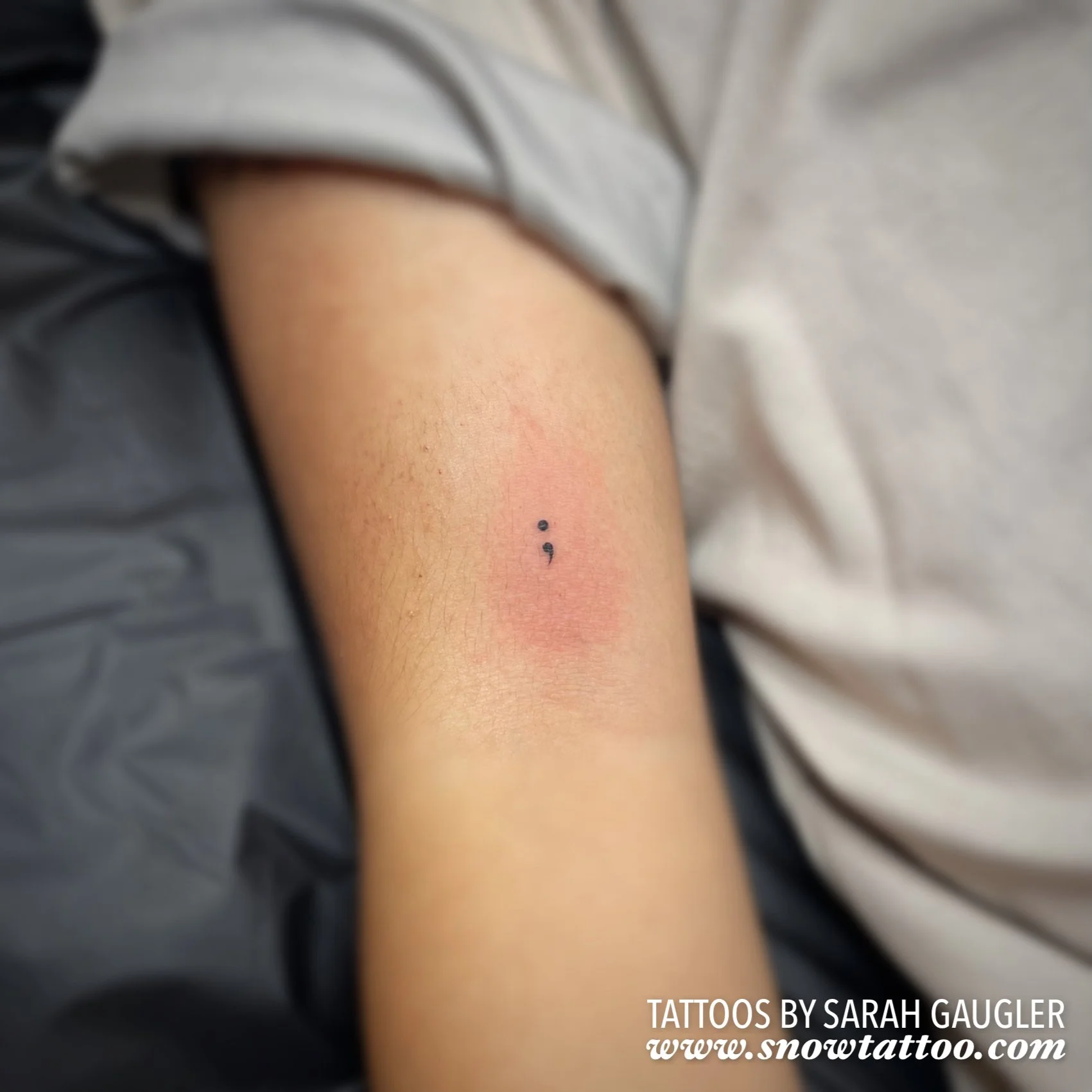 Dainty, Elegant, Mini Semicolon Tattoo by Sarah Gaugler at Snow Tattoo, Tribeca, New York