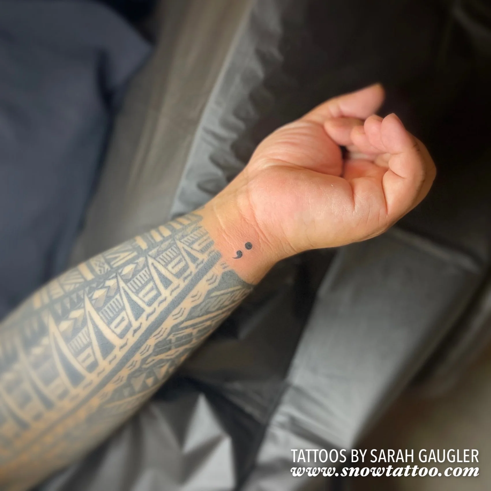 Dainty, Elegant, Mini Semicolon Tattoo by Sarah Gaugler at Snow Tattoo, Tribeca, New York