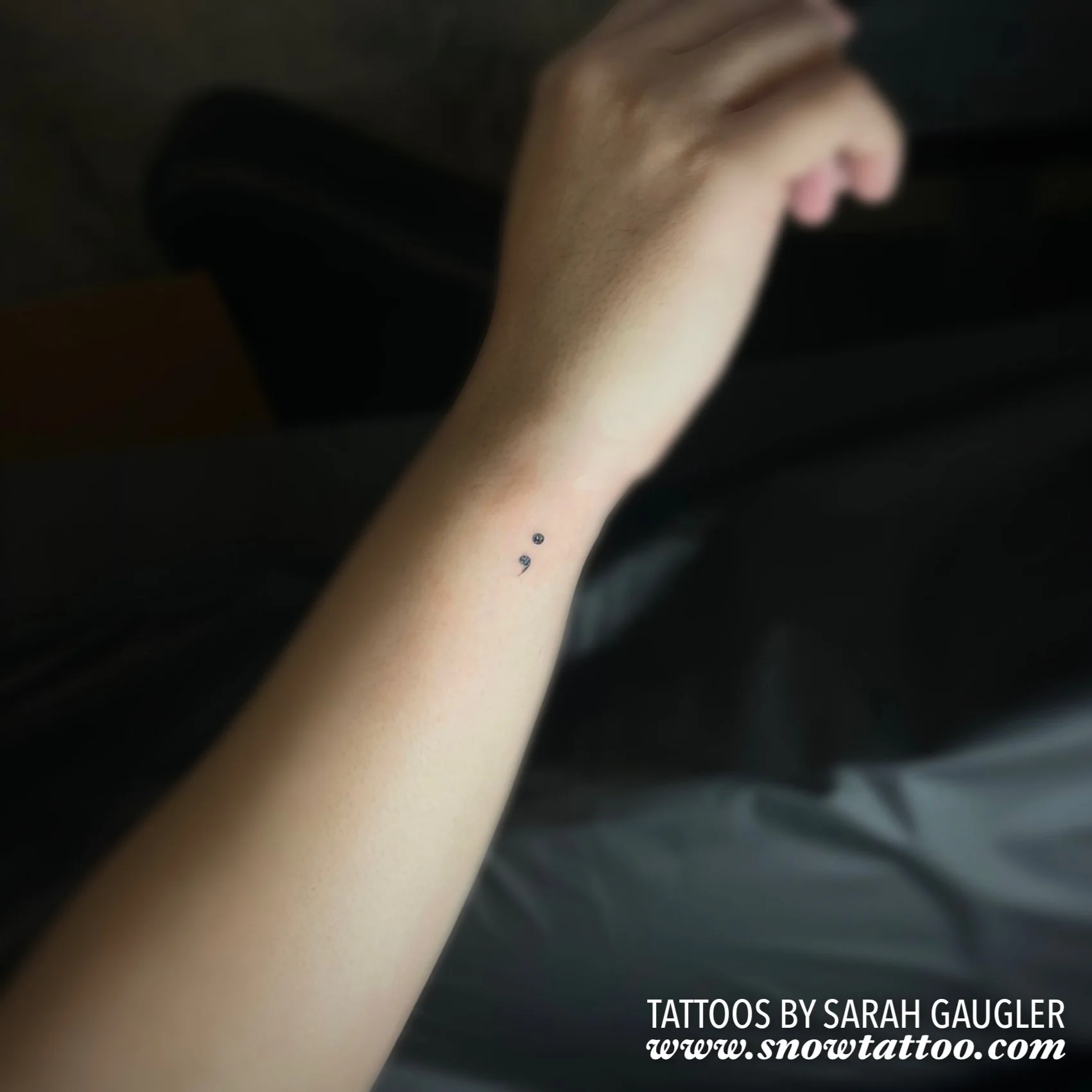 Dainty, Elegant, Mini Semicolon Tattoo by Sarah Gaugler at Snow Tattoo, Tribeca, New York