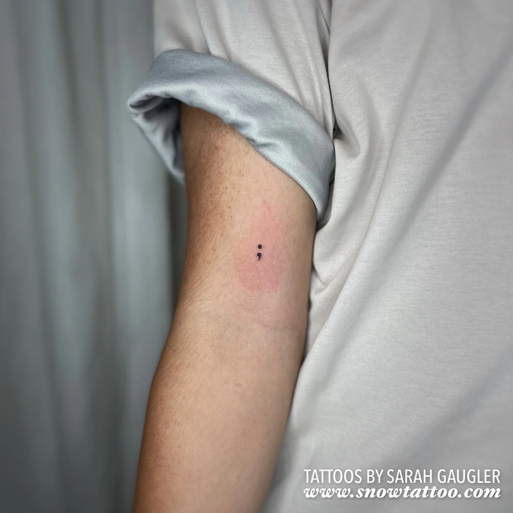 Dainty, Elegant, Mini Semicolon Tattoo by Sarah Gaugler at Snow Tattoo, Tribeca, New York