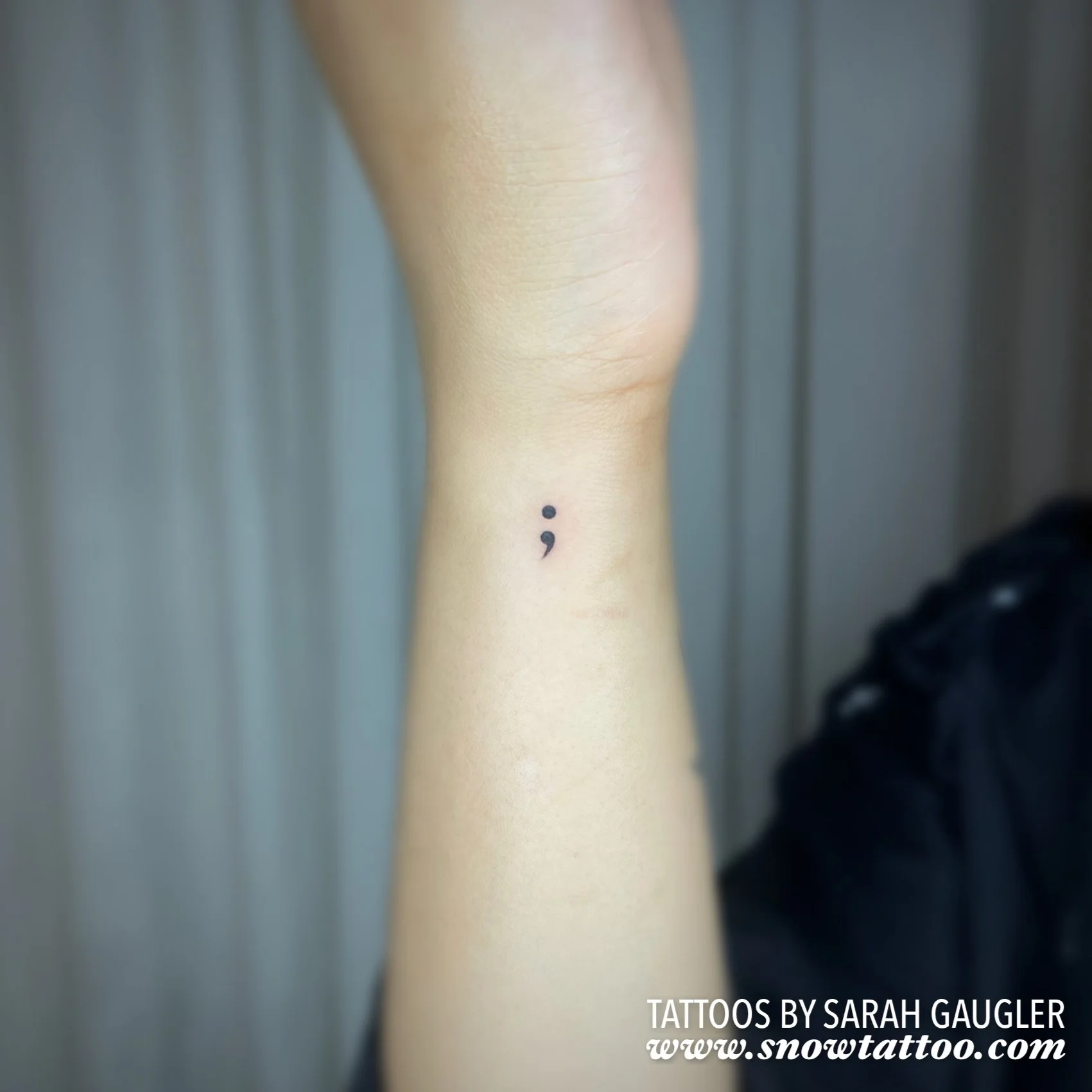 Dainty, Elegant, Mini Semicolon Tattoo by Sarah Gaugler at Snow Tattoo, Tribeca, New York