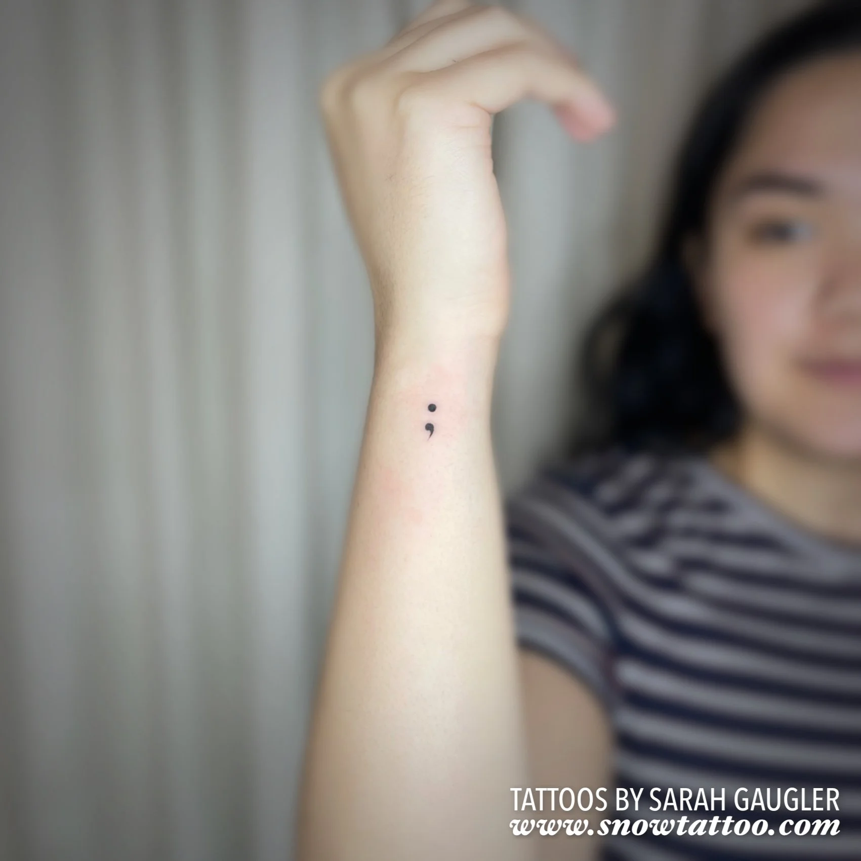 Dainty, Elegant, Mini Semicolon Tattoo by Sarah Gaugler at Snow Tattoo, Tribeca, New York