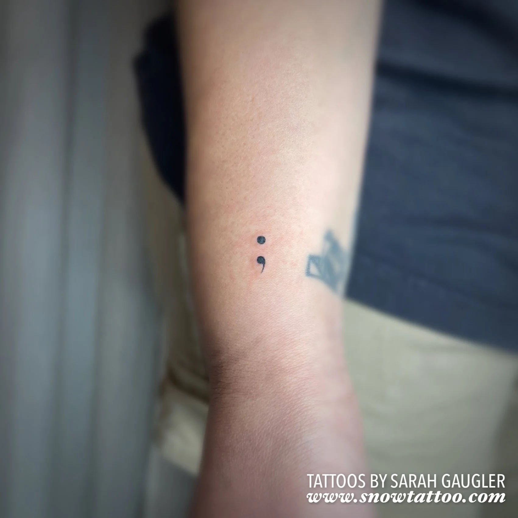 Dainty, Elegant, Mini Semicolon Tattoo by Sarah Gaugler at Snow Tattoo, Tribeca, New York