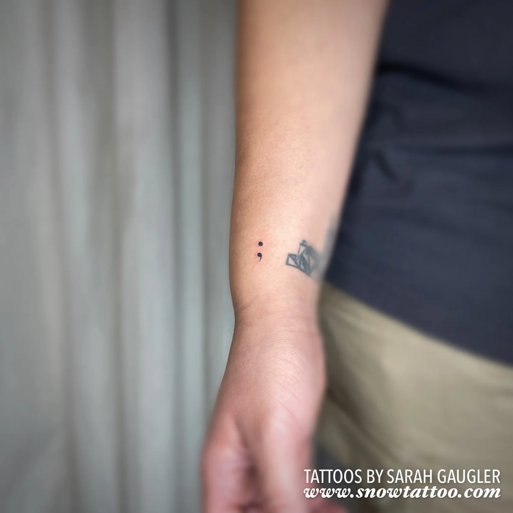 Dainty, Elegant, Mini Semicolon Tattoo by Sarah Gaugler at Snow Tattoo, Tribeca, New York