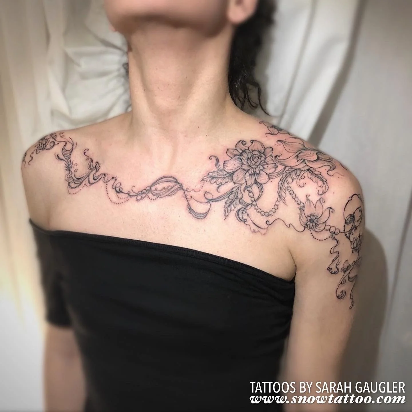 Signature Custom Designed Fine Line Delicate Dainty Intricate Tattoo by Sarah Gaugler Snow Tattoo New York Best Tattoos Best Tattoo Artist NYC Tribeca