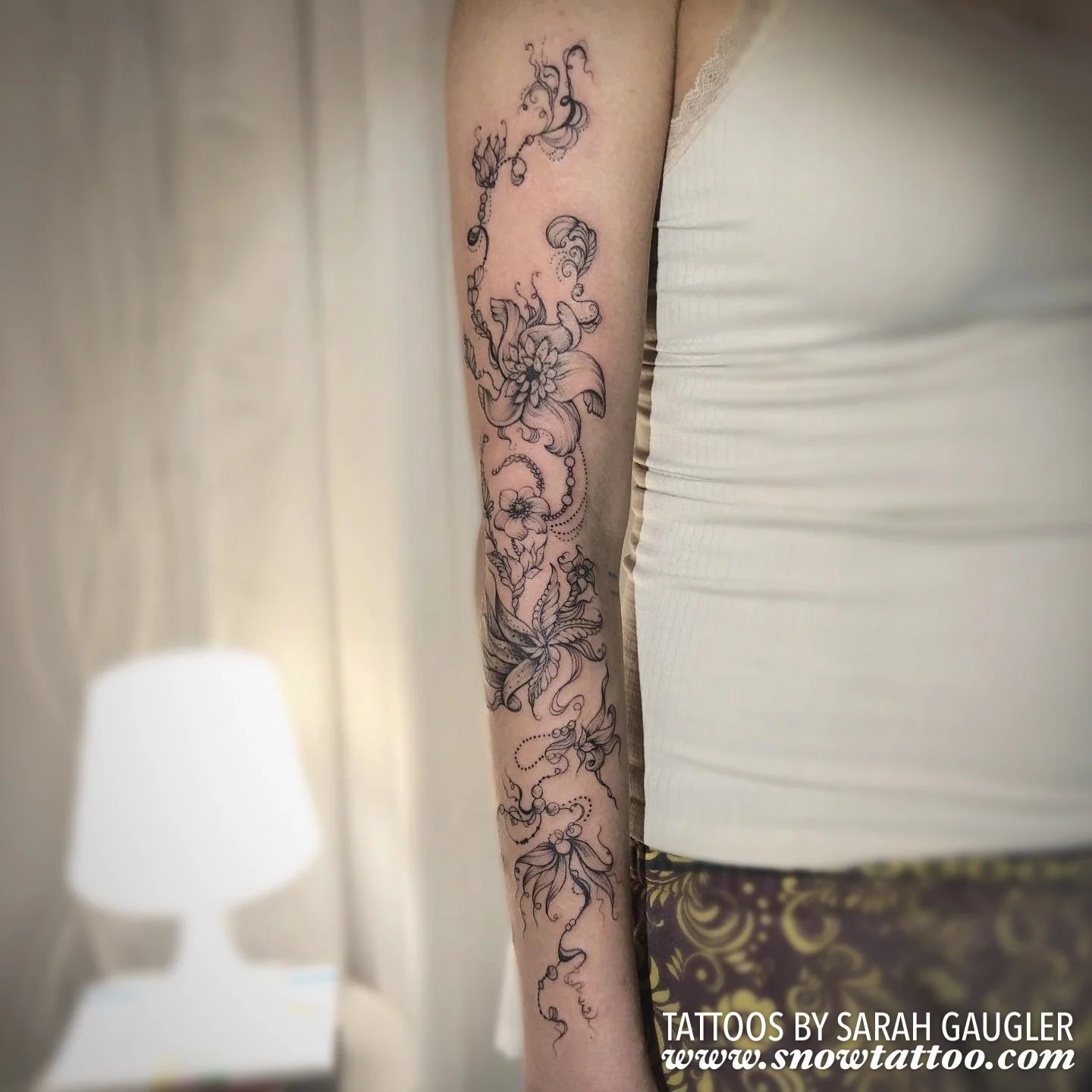Signature Custom Designed Fine Line Delicate Dainty Intricate Tattoo by Sarah Gaugler Snow Tattoo New York Best Tattoos Best Tattoo Artist NYC Tribeca
