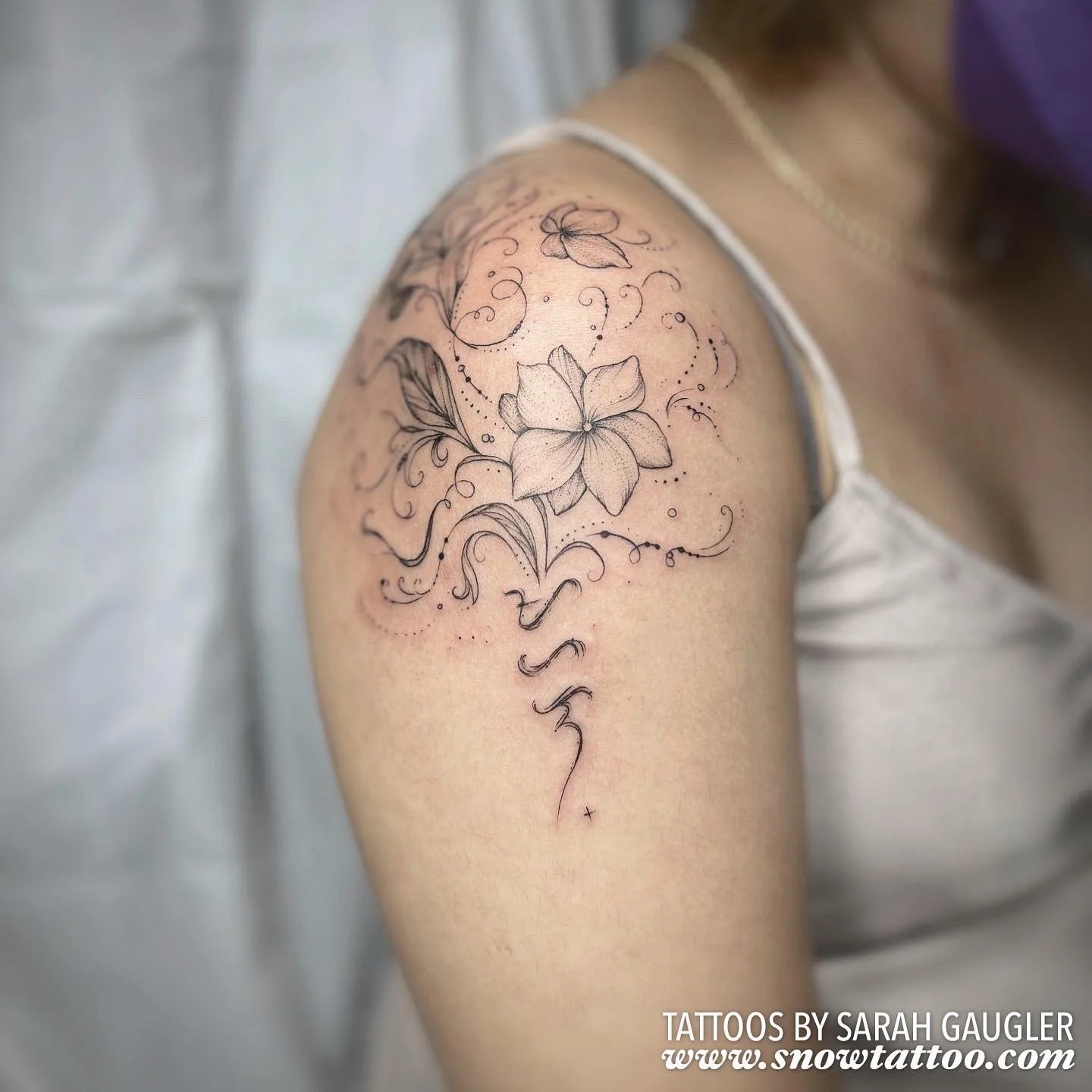 Signature Custom Designed Fine Line Delicate Dainty Intricate Tattoo by Sarah Gaugler Snow Tattoo New York Best Tattoos Best Tattoo Artist NYC Tribeca