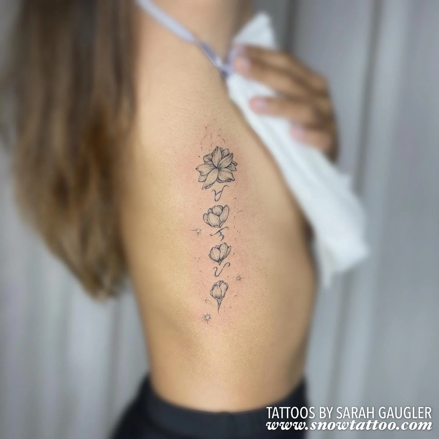 Signature Custom Designed Fine Line Delicate Dainty Intricate Tattoo by Sarah Gaugler Snow Tattoo New York Best Tattoos Best Tattoo Artist NYC Tribeca