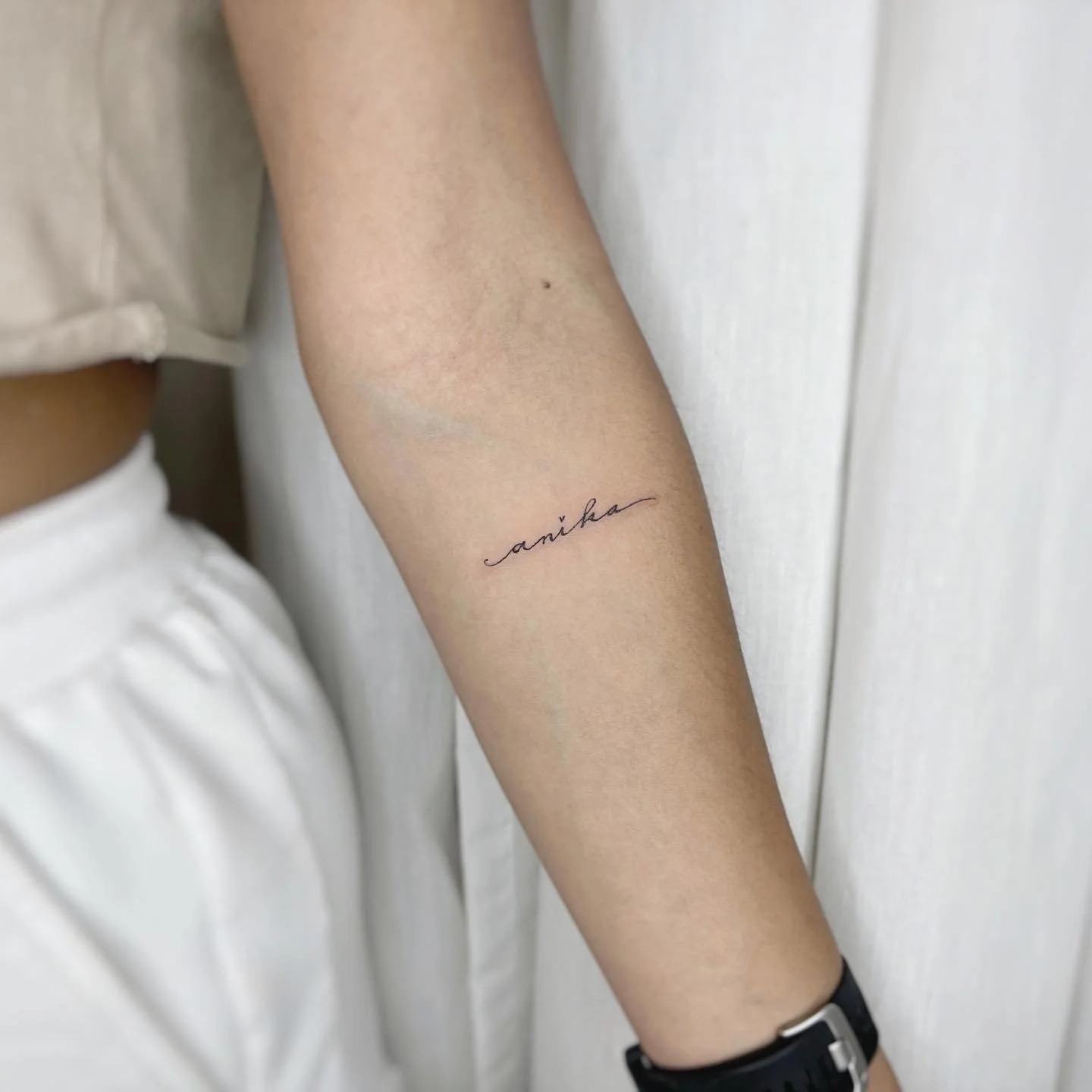 Anika Fine Line Custom Script Tattoo by Sarah Gaugler at Snow Tattoo, Tribeca New York