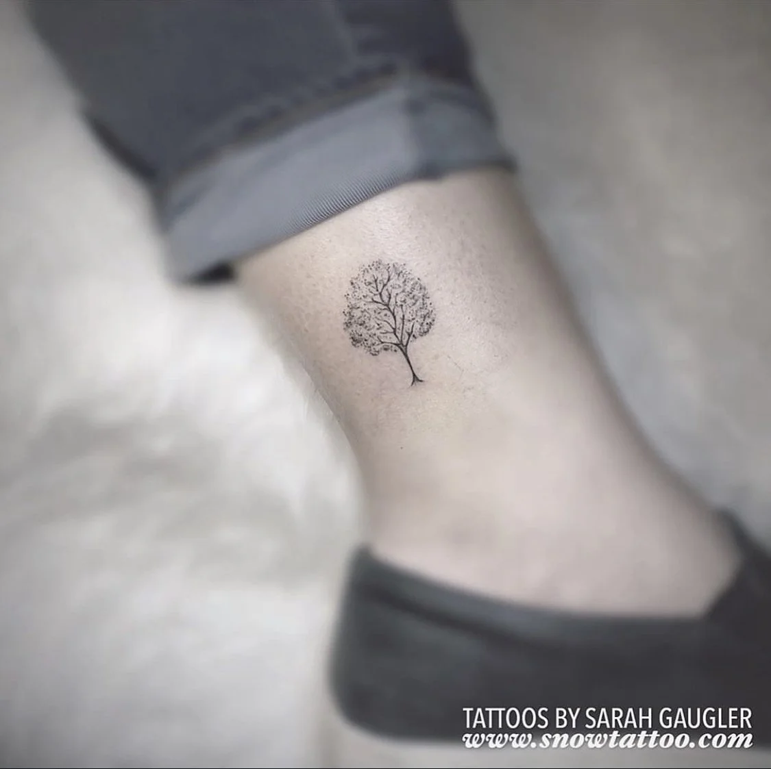Tree Fine Line Custom Script Tattoo by Sarah Gaugler at Snow Tattoo, Tribeca New York