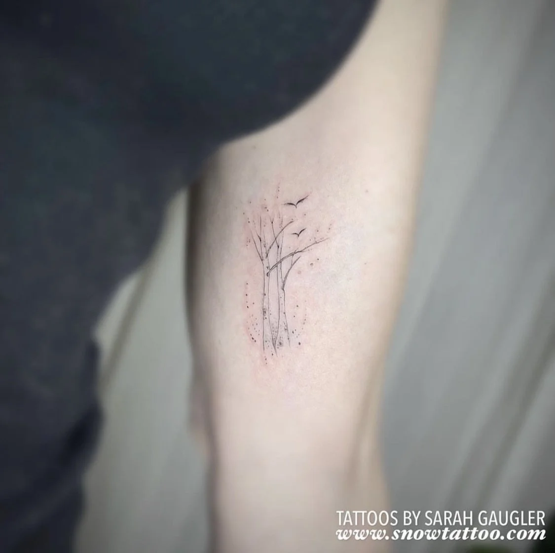 Tree Fine Line Custom Script Tattoo by Sarah Gaugler at Snow Tattoo, Tribeca New York