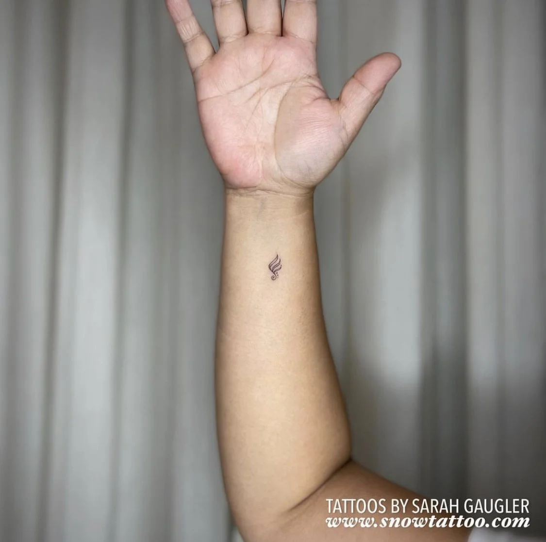 Angel Wing Fine Line Custom Script Tattoo by Sarah Gaugler at Snow Tattoo, Tribeca New York