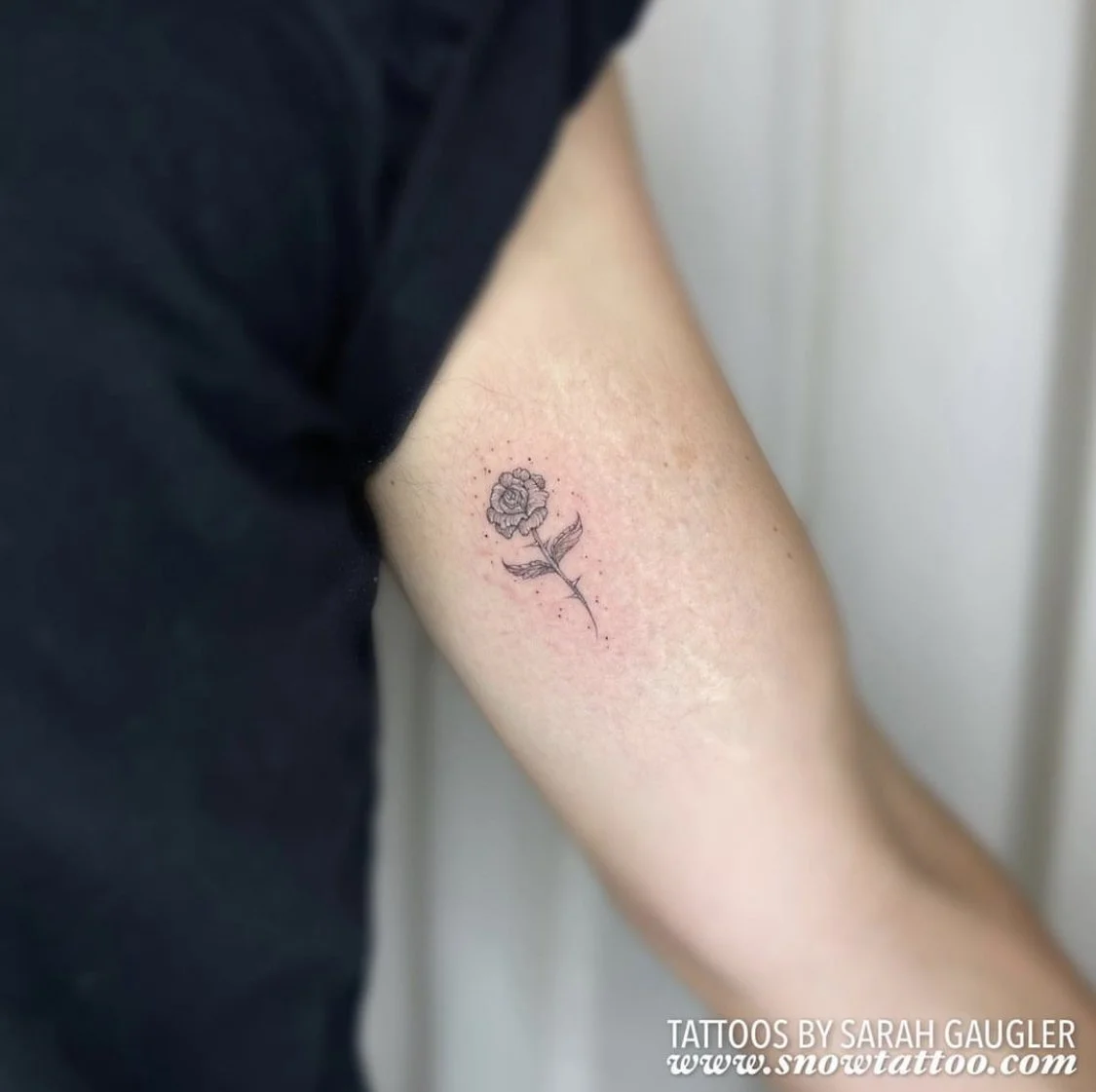Rose Fine Line Custom Script Tattoo by Sarah Gaugler at Snow Tattoo, Tribeca New York