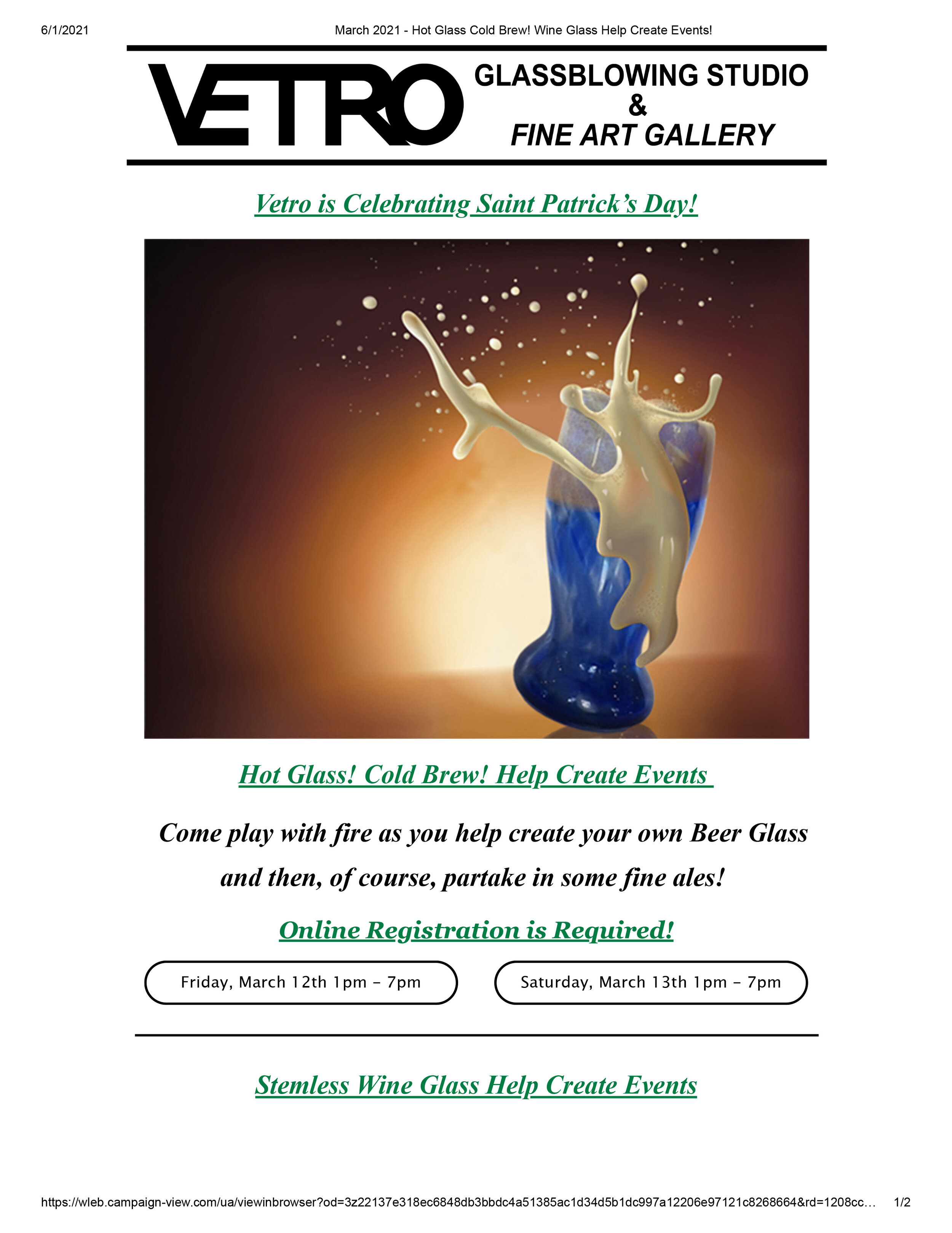 Email Campaigns -Vetro Glassblowing Studio - Vetro is Celebrating Saint Patricks Day!-1.jpg