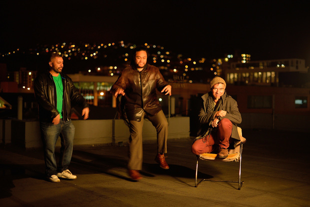 The talented, humble and funny lads of Trinity Roots - (l-r) Rio Hunuki-Hemopo , Ben Lemi + Warren Maxwell. Having a laugh on the roof of our Garrett St studio as we attempt a photo shoot in the cold evening air.