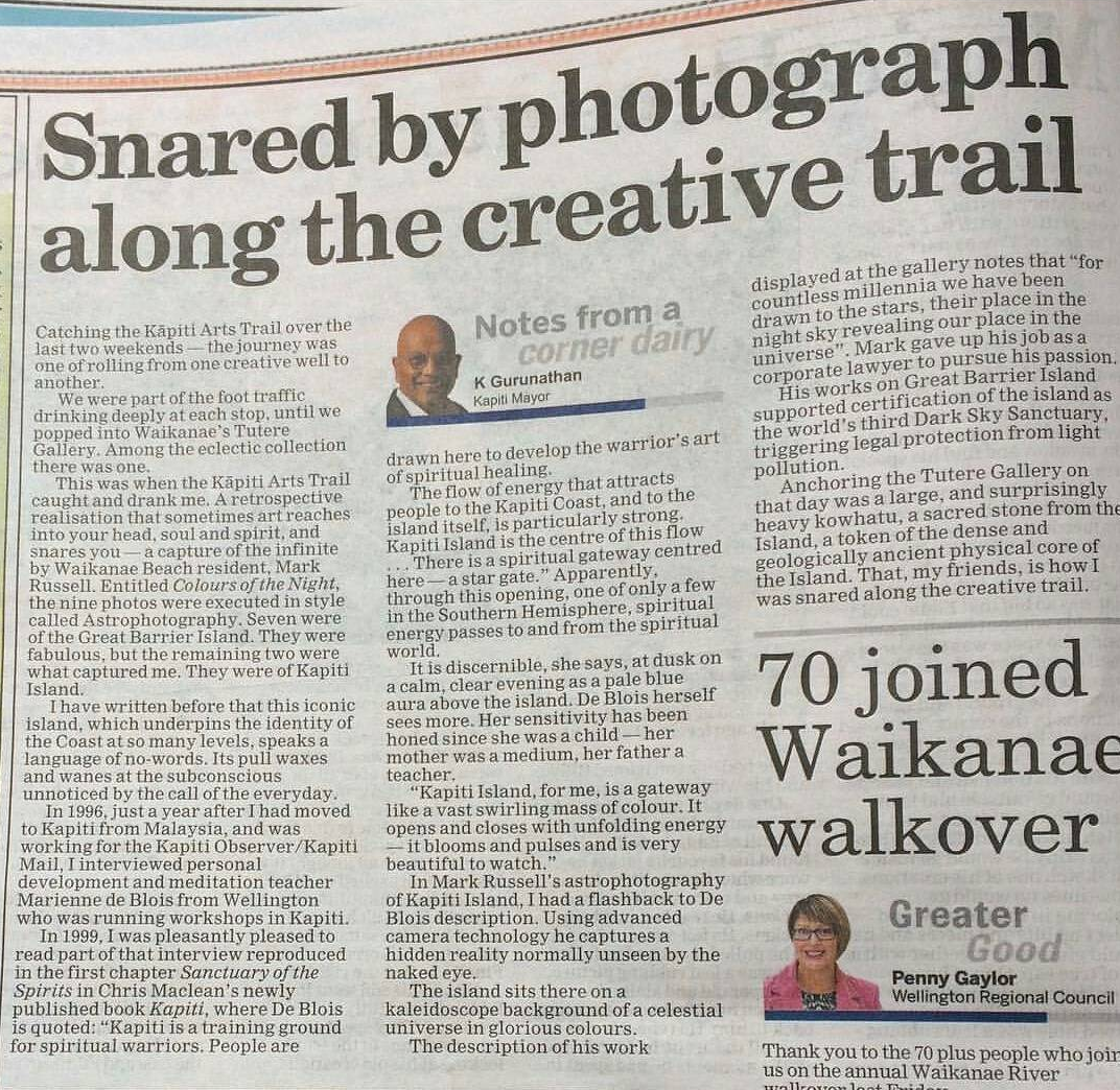 Kapiti Mayor K Gurunathan's article about the Kapiti Coast Arts Trail, 2017. Title refers to Mark's astrophotography image of Kapiti Island.