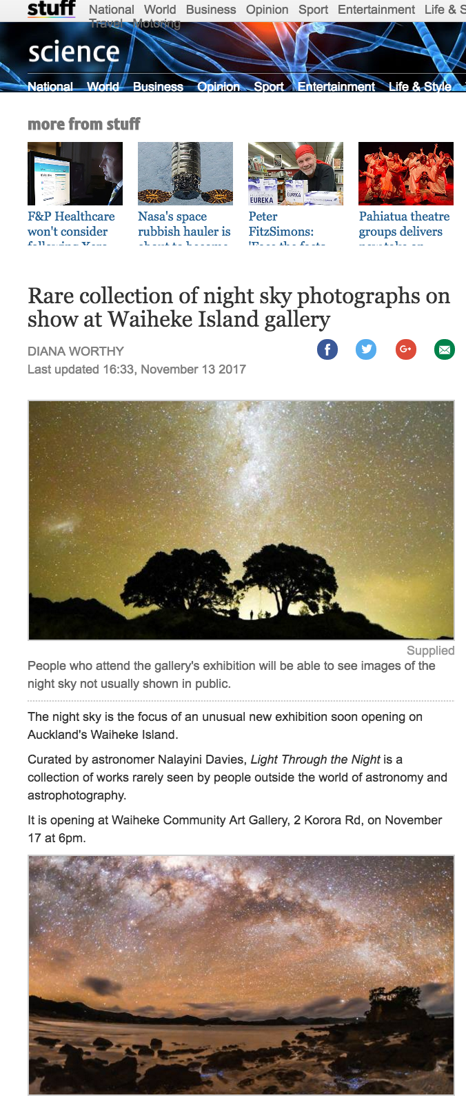 Stuff.co.nz covering Mark's exhibition of his astrophotography being exhibited on Waiheke Island. 