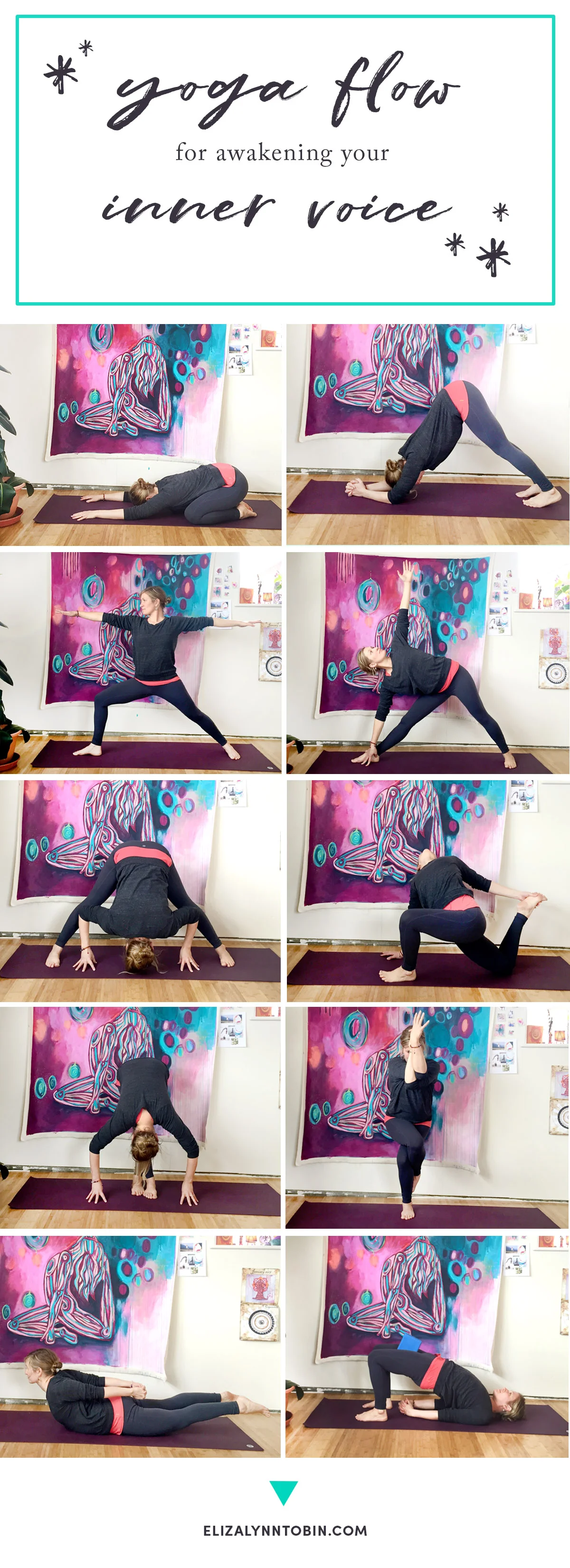 From left to right: Child's Pose, Dolphin Pose, Warrior II, Triangle, Prasarita Padottanasana (wide legged forward fold), Twisted Lizard Pose, Uttanasana (variation), Eagle Pose, Salabhasana, Bridge Pose. 