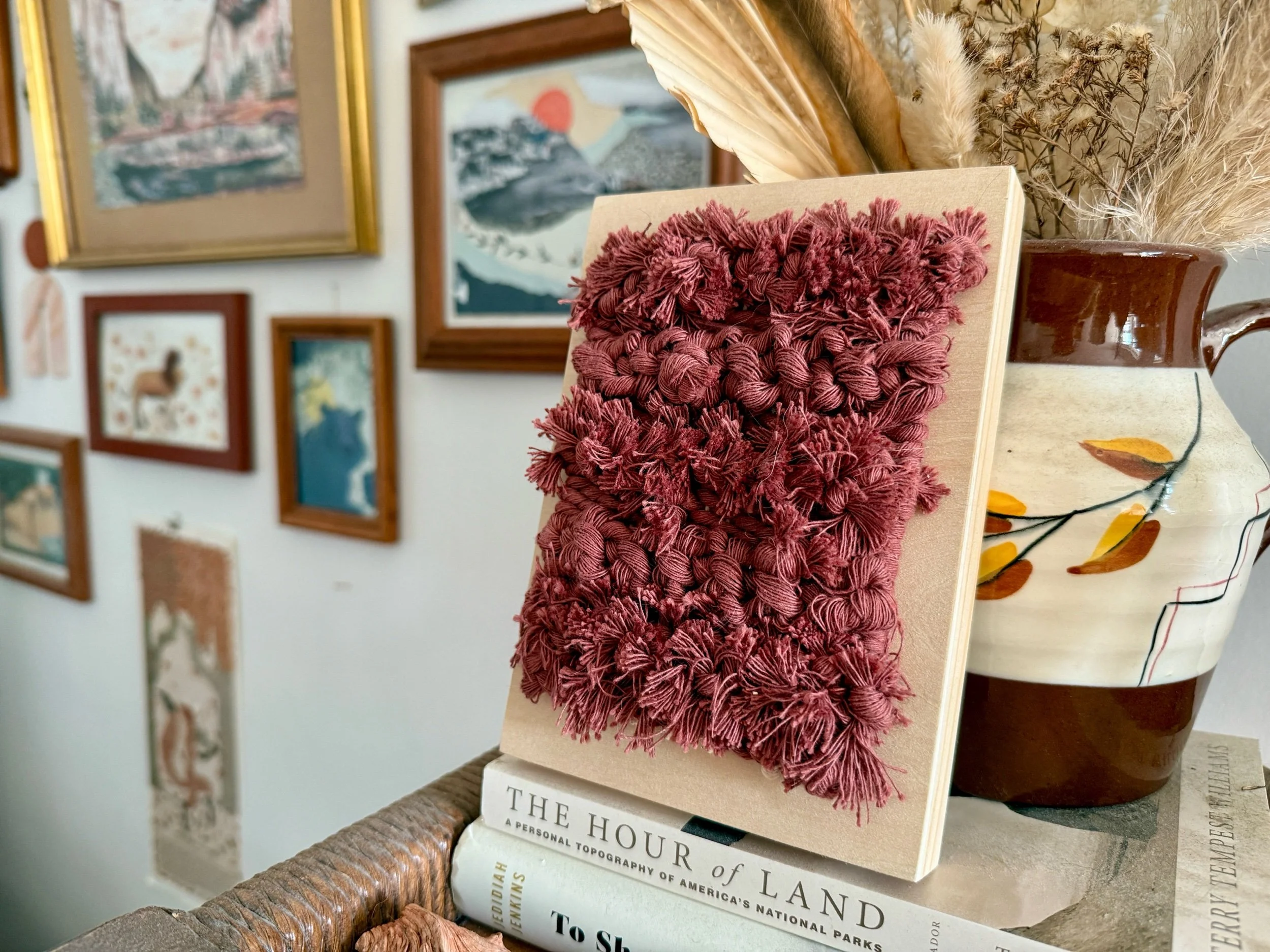 Rose Colored Mounted Fiber Art on Birch Wood Panel