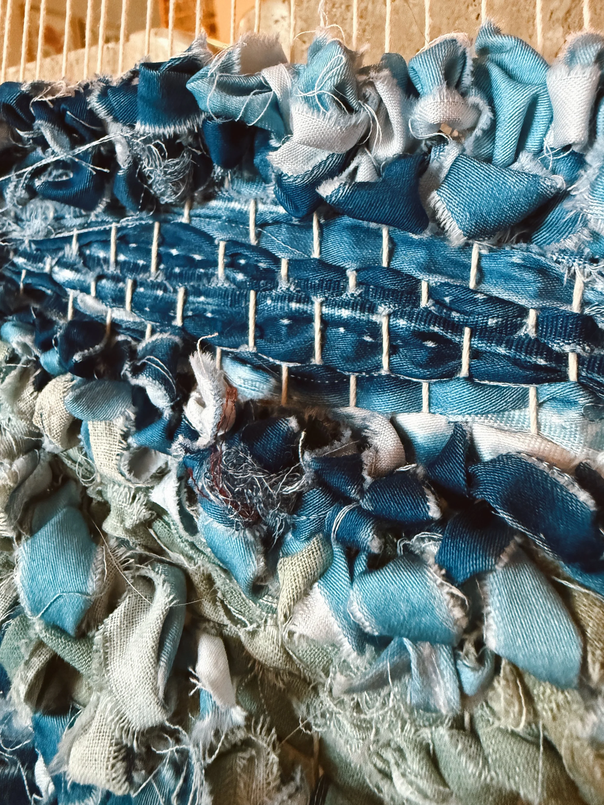 A little sneak peek of some favorite parts of this new collab piece! I&rsquo;m weaving with gorgeous handtorn cyanotype printed fabrics, created by my dear friend @natjoydesign. These sun-printed blues are a dream to work with, and I love the nuanced