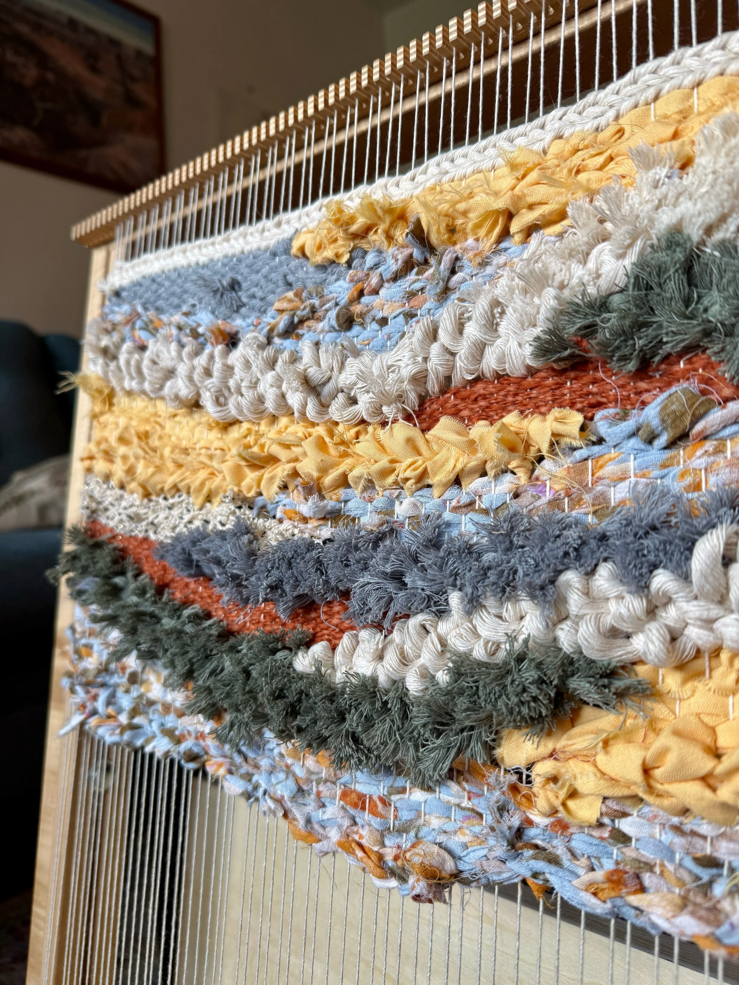 Here&rsquo;s a sneak peek of a colorful new 20&rdquo; wide statement weaving! She will be finished in time for her debut at Omaha Art Fair, June 12-14 in @aksarben_village ☀️ I&rsquo;ve been busy making new weavings (including works mounted on wood p