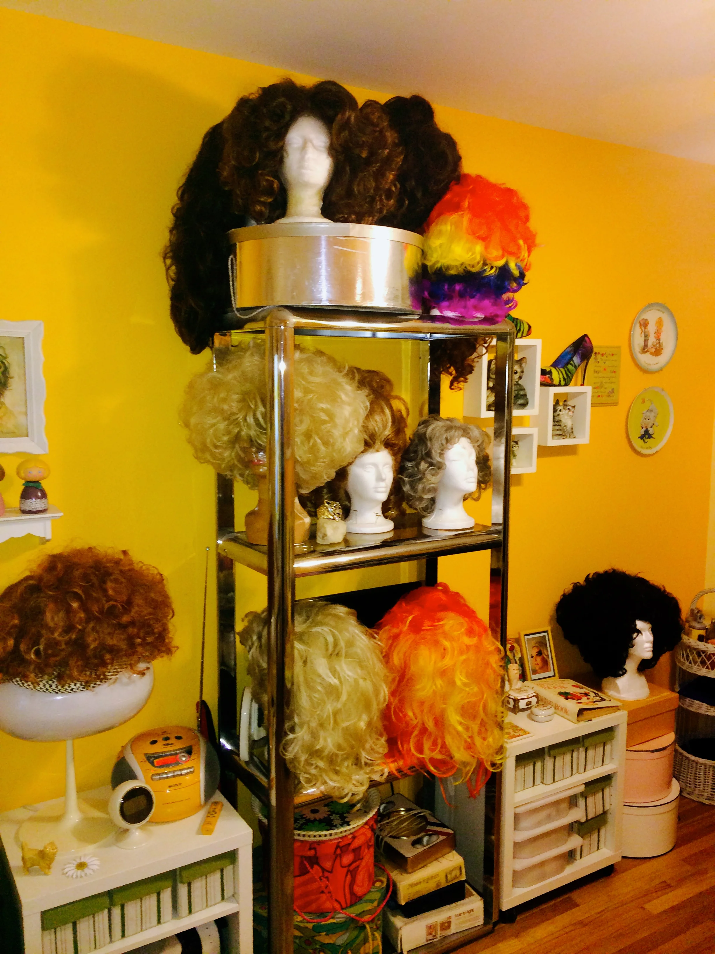 Some of Jackie's wigs. I said to Jackie, "You're so organized." "You have to be," was Jackie's reply.