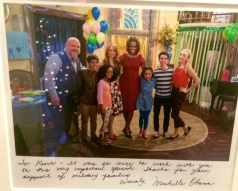 When Michelle Obama appeared on Jessie. To the left: When Kevin was given the key to his hometown in New Jersey.