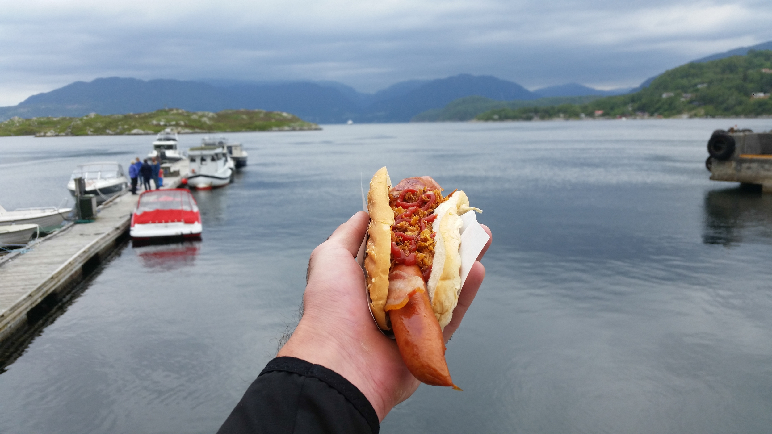 Bacon wrapped hot dog while waiting for the ferry