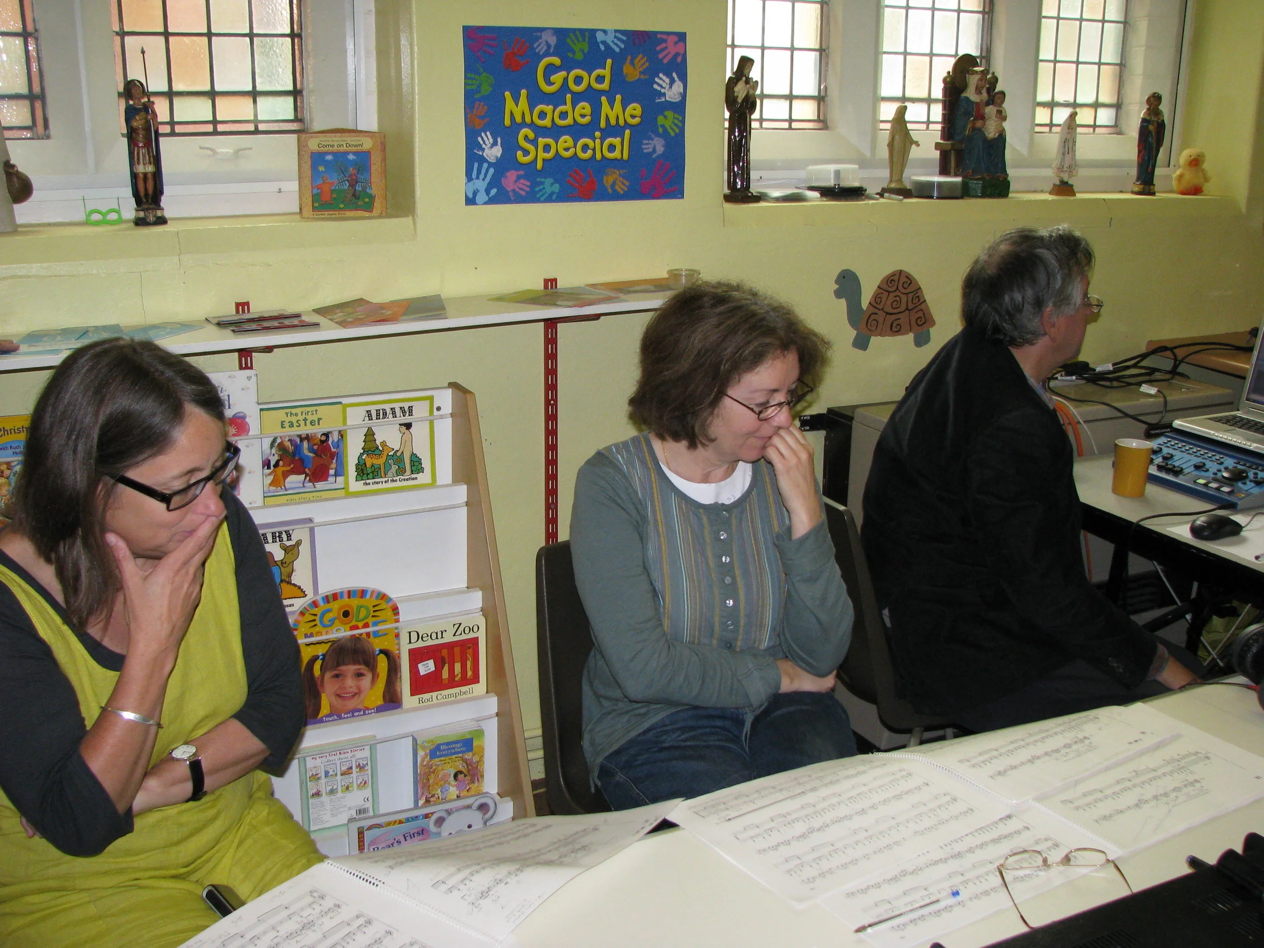Listening break during a recording of music by Sir Harrison Birtwistle with Melinda Maxwell (Oboe) and Helen Tunstall (Harp) and with Tony Faulkner (Recording Engineer)