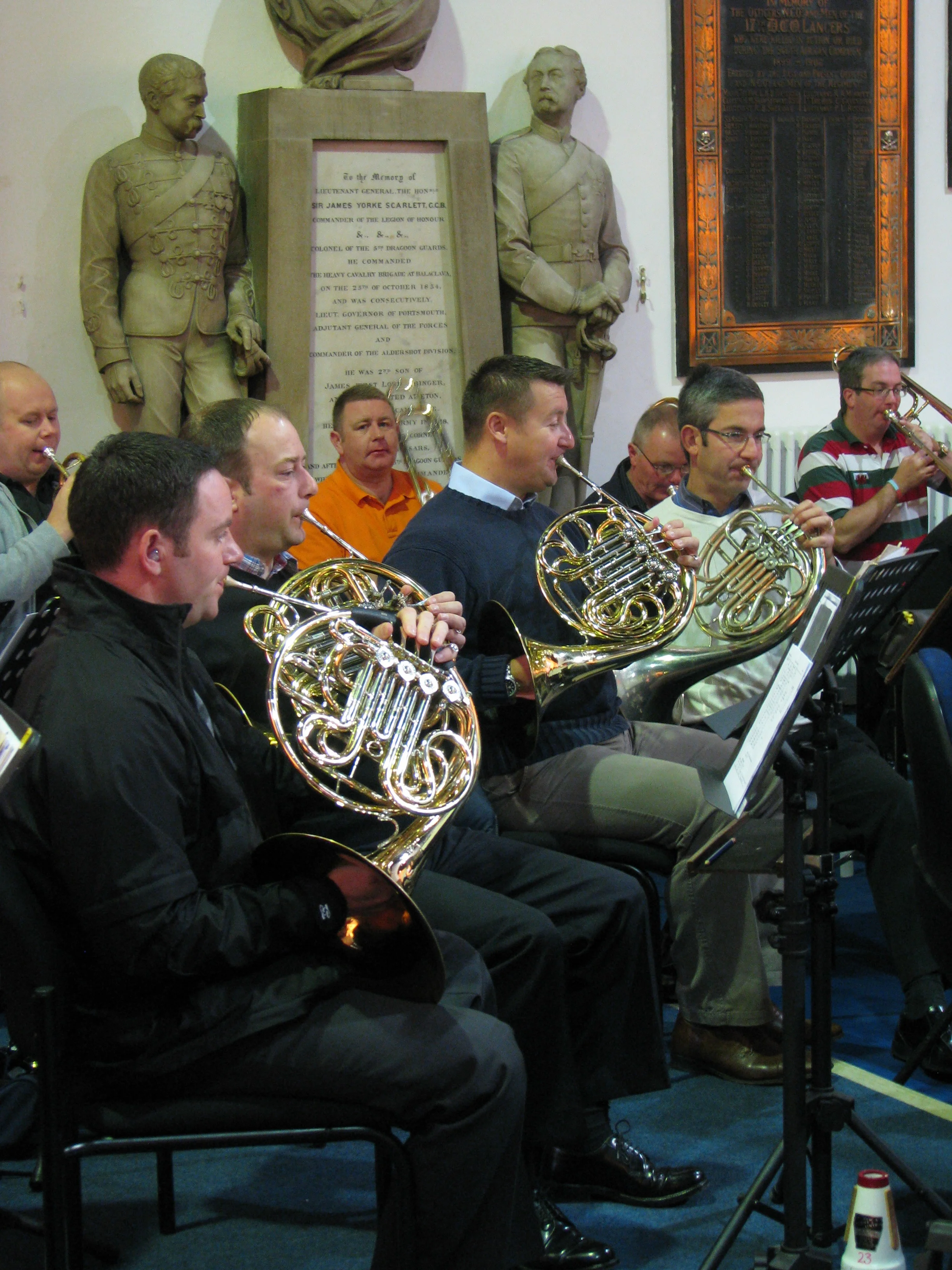 Horn section of the Band of the Royal Logistic Corps while recording in the Army Garrison Church, Aldershot