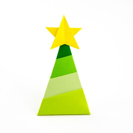 green striped flat origami tree with yellow star on top