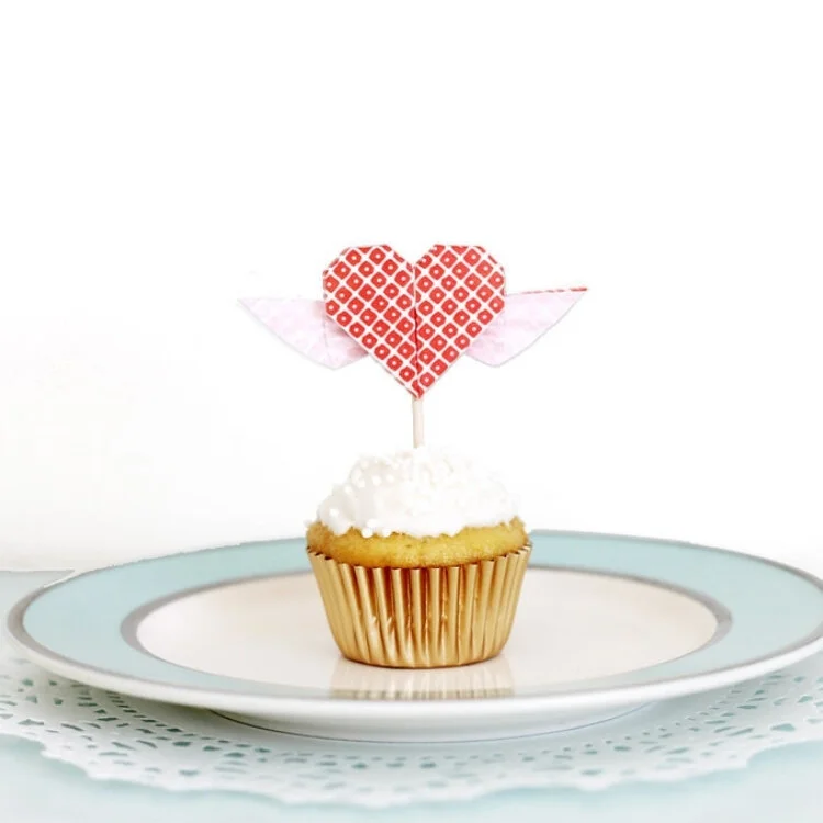 origami heart wings cupcake topper