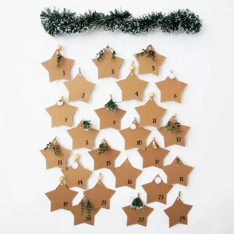 brown paper numbered stars hanging from tinsel