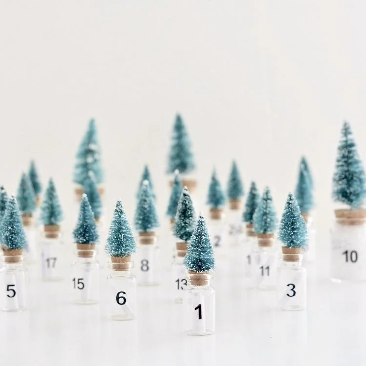 tiny numbered glass bottles with tiny christmas trees on top