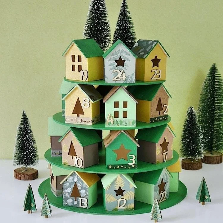 numbered houses on green tiered stand