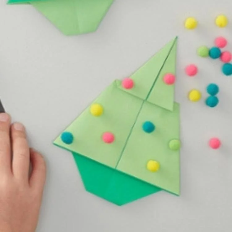 GREEN ORIGAMI TREE WITH POM POM BAUBLES