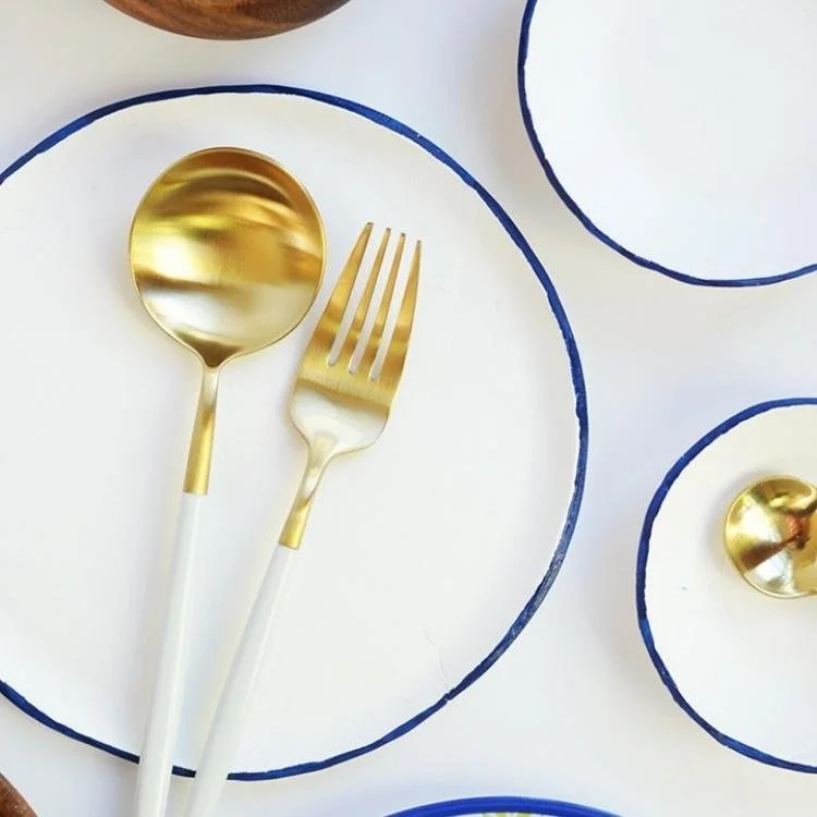 white air dry clay flat bowls with blue edge