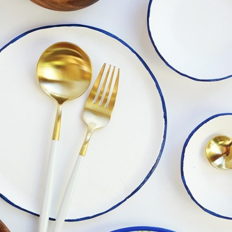 white air dry clay flat bowls with blue edge