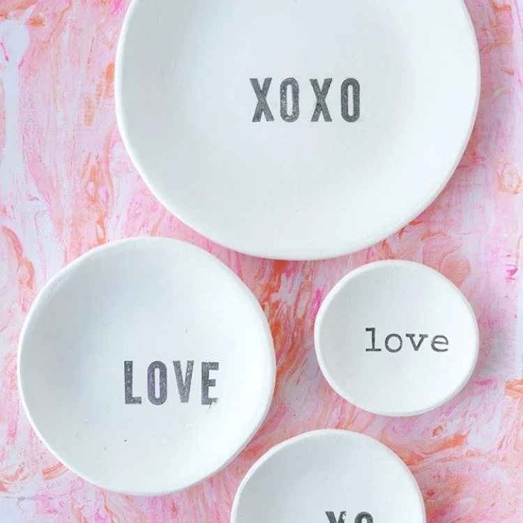 word stamped air dry clay bowls
