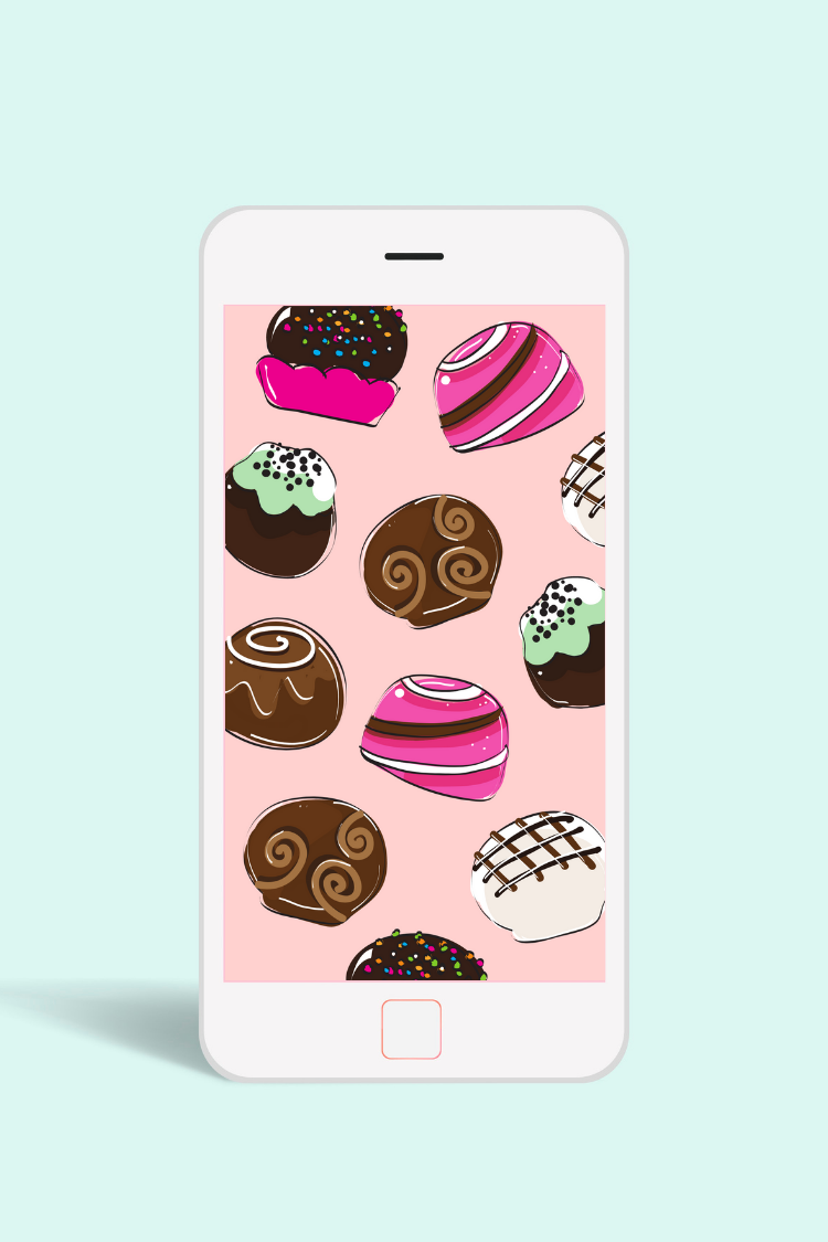 chocolate sweets valentines wallpaper on phone screen with pale blue background