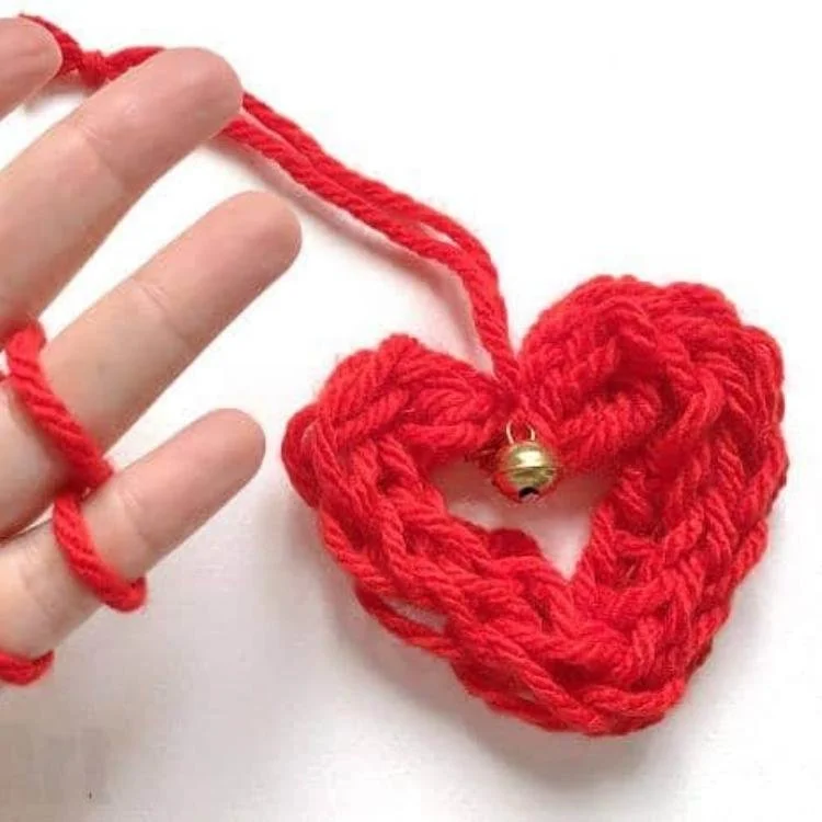 red heart made from finger knitted yarn
