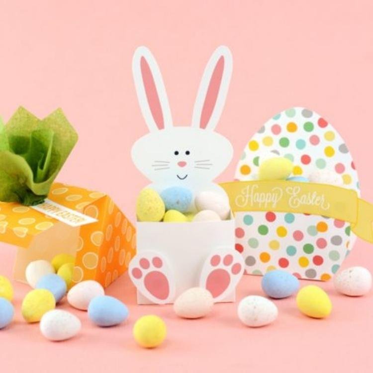 Printable bunny basket with chocolate eggs in tummy.