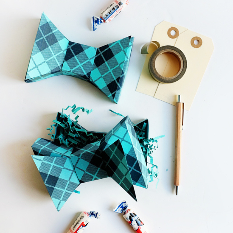 Blue and black gingham bow tie shaped boxes.