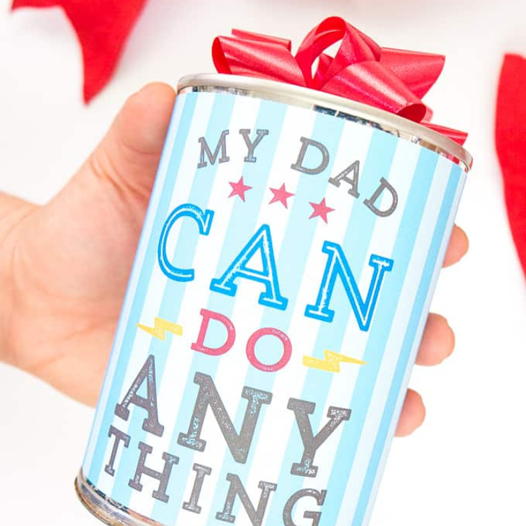 Can with printable fathers day wrapper on.