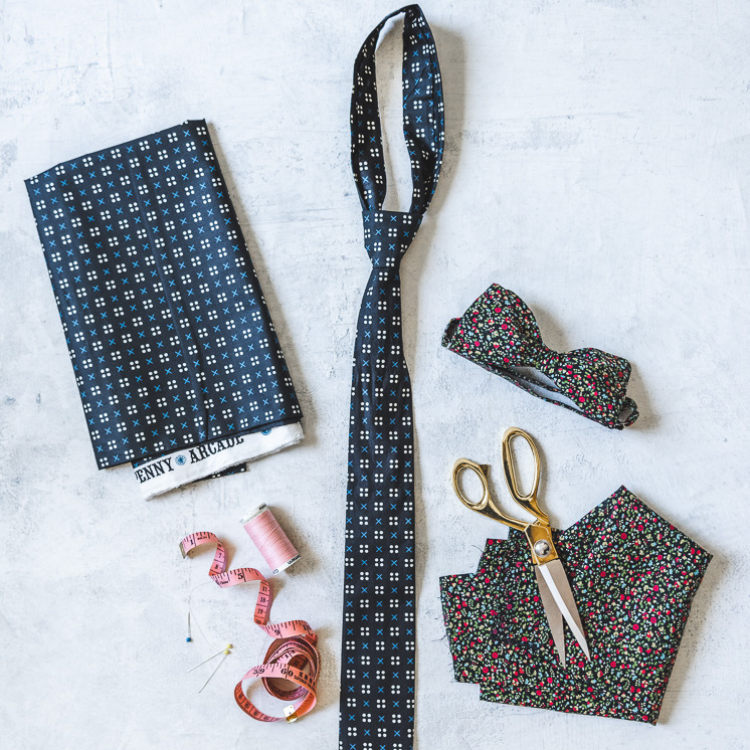 Homemade tie and bow tie made out of floral material.