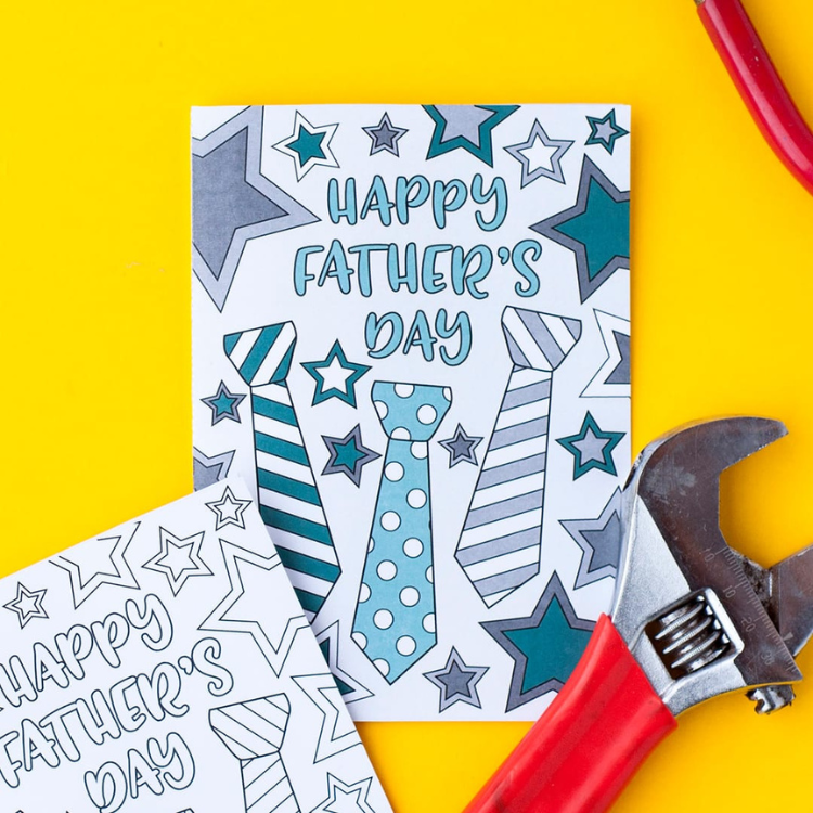 Printable Fathers Day card on yellow background.