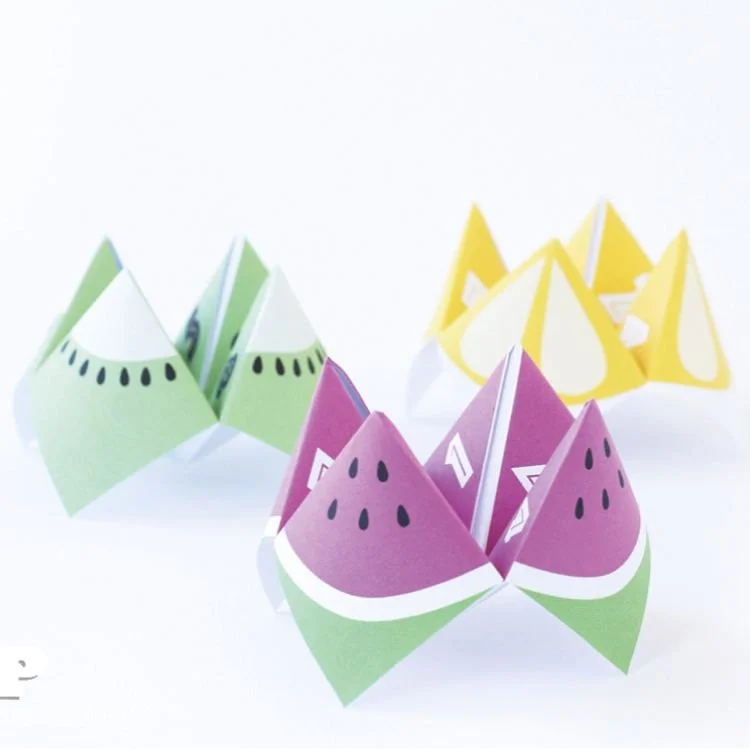 Fruit themed origami fortune tellers.