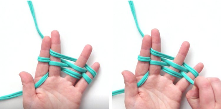 Blue t-shirt yarn wrapped around hand.