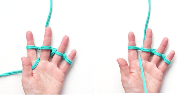 T-shirt yarn knotted around fingers on left hand.j
