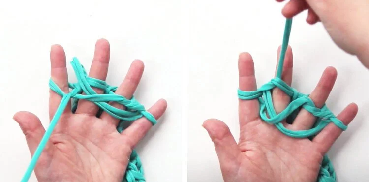 T-shirt yarn being looped and knotted on fingers.